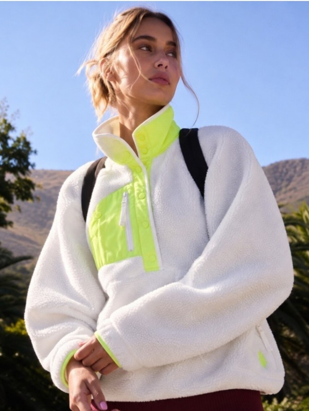 Free People Movement hit The Slop White Fleece Pullover with Neon  Accent, New M